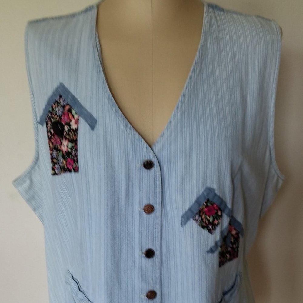Gloria Vanderbilt Blue Jean Vest Top Birdhouses 2X